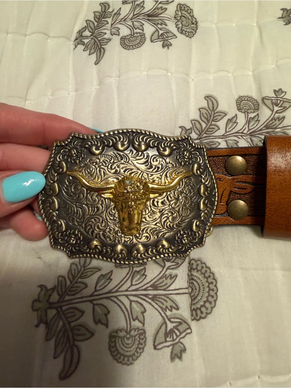 Western Longhorn Buckle Belt - Ornate Two-Tone Metal on Brown Leather